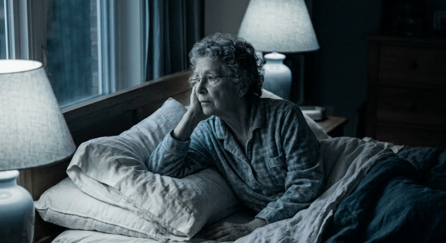Elderly woman sitting up in bed looking out a window in dimly lit bedroom.