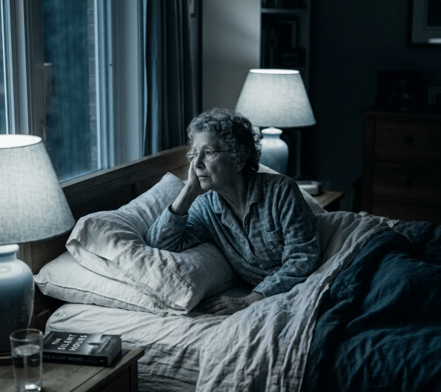 Elderly woman sitting up in bed looking out a window in dimly lit bedroom.