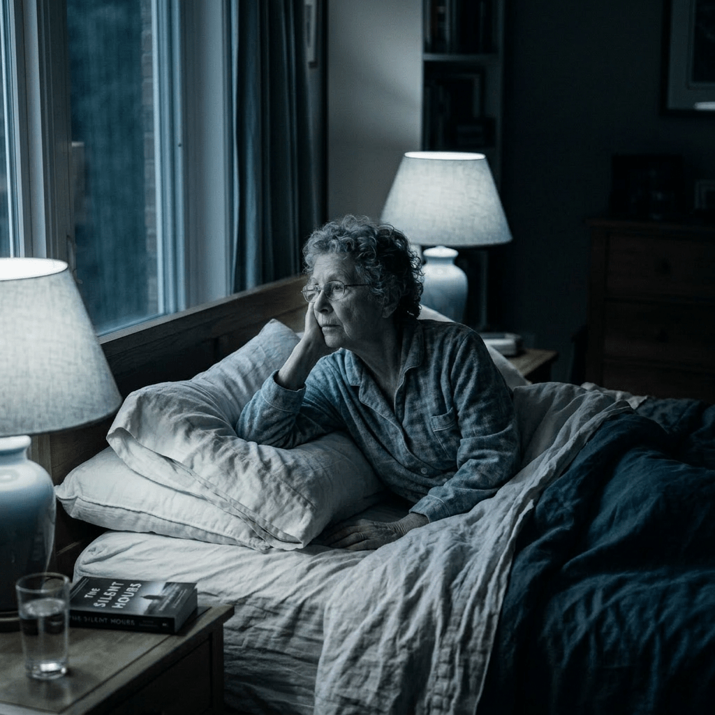 Elderly woman sitting up in bed looking out a window in dimly lit bedroom.
